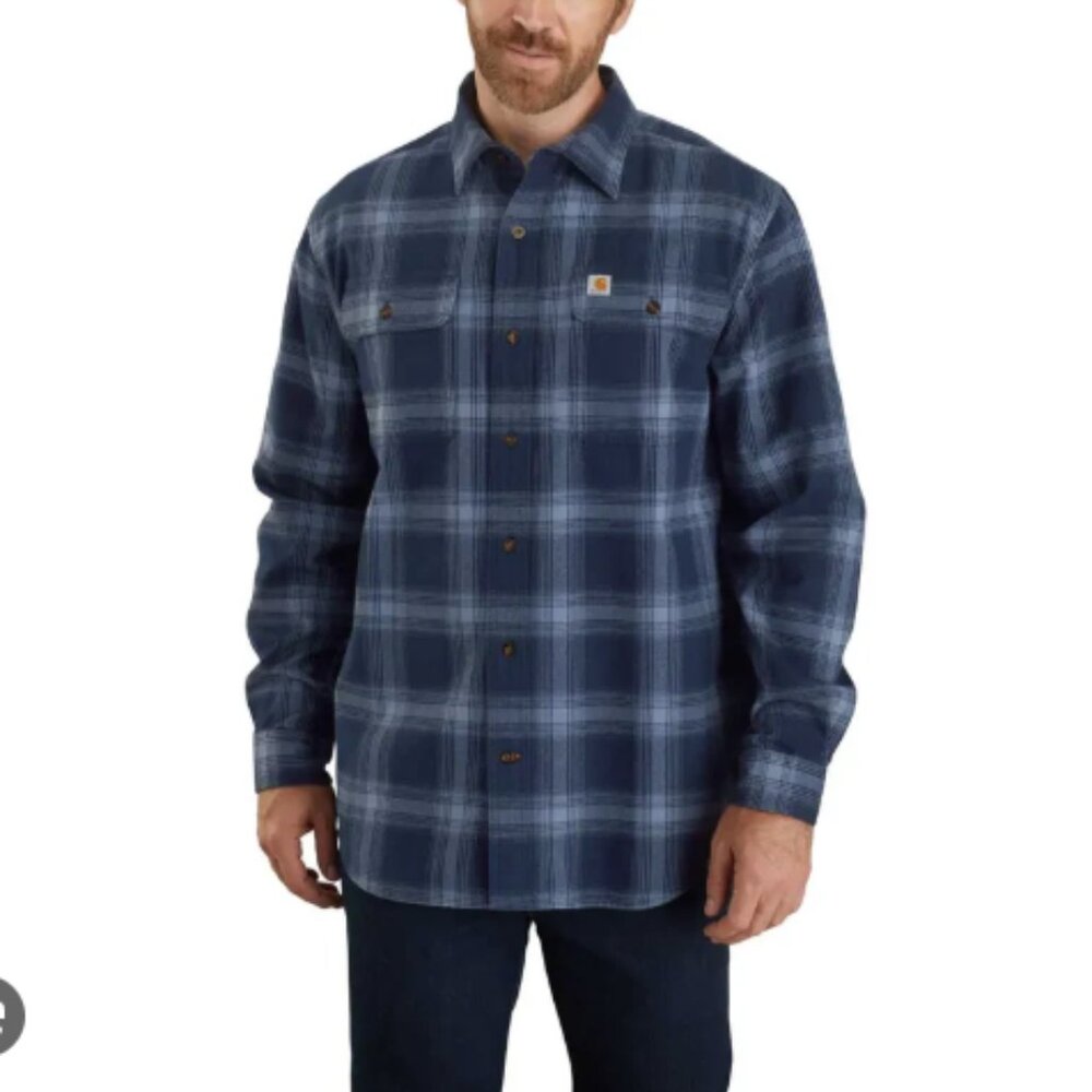 Carhartt Men's Navy and Light Blue Plaid Flannel Shirt